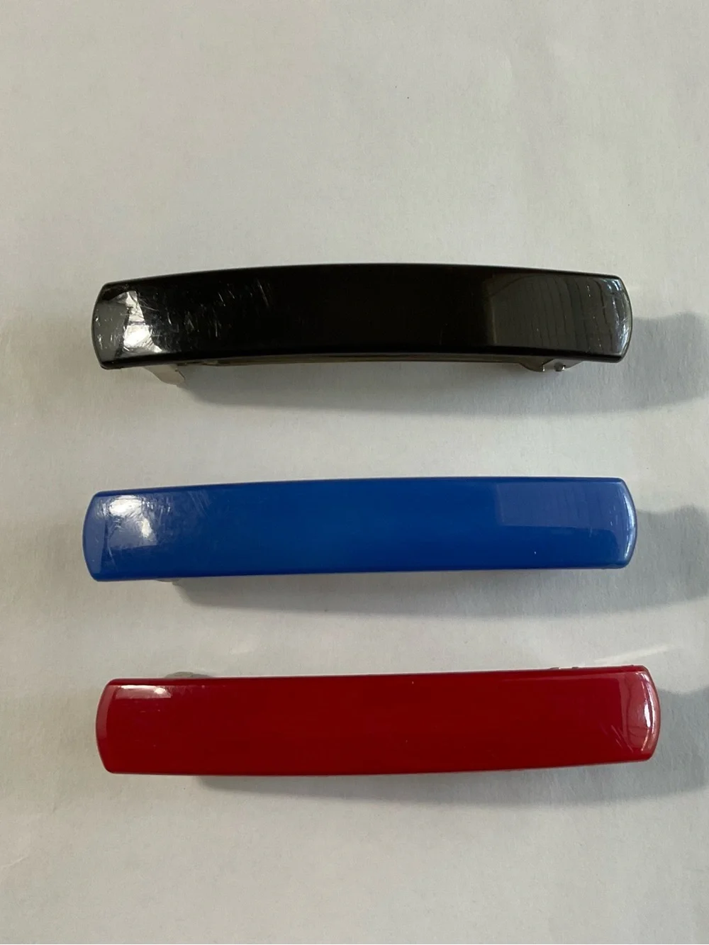 Vintage 80s Trio of Barrettes in Black, Blue & Red, New Wave, Snap Hair Clips